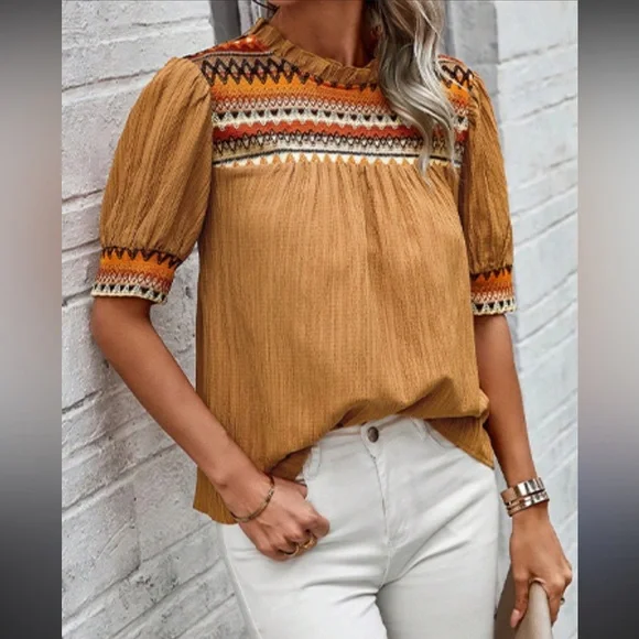 Boho 70’s vibe Embroidered Detailed top Sz.XL rusk orange color - Picture 1 of 11